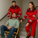 Two medical personnel assisting a patient on an evacuation chair down stairs — illustrating safety procedures with PEEPs and evacuation chairs.