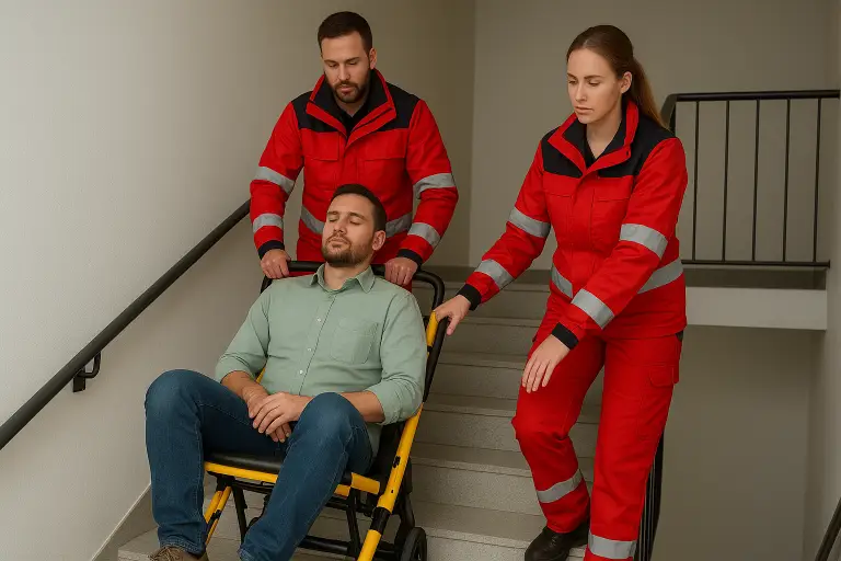 Two medical personnel assisting a patient on an evacuation chair down stairs — illustrating safety procedures with PEEPs and evacuation chairs.