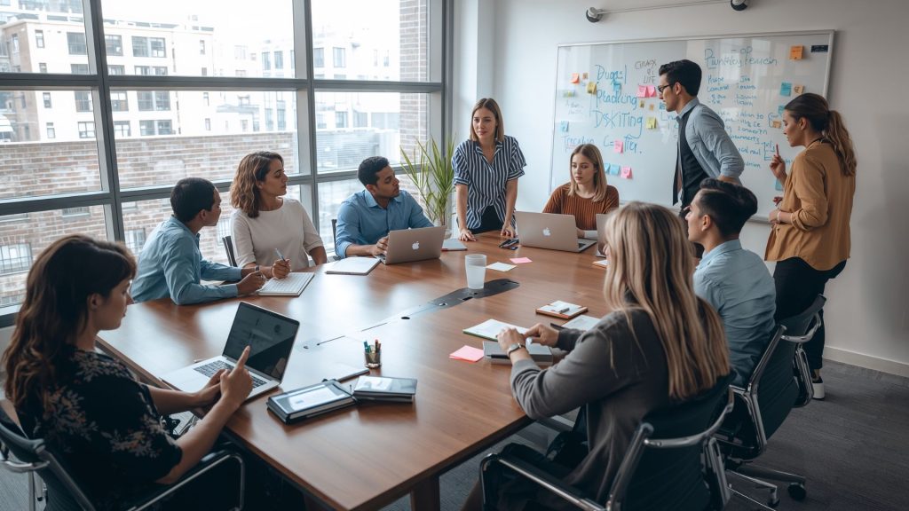 Team meeting discussing reasonable adjustments in the workplace for UK employers