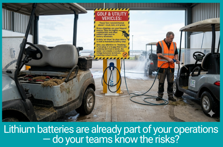 Worker charging a golf buggy in a utility vehicle bay, highlighting lithium battery safety risks in real-world conditions.