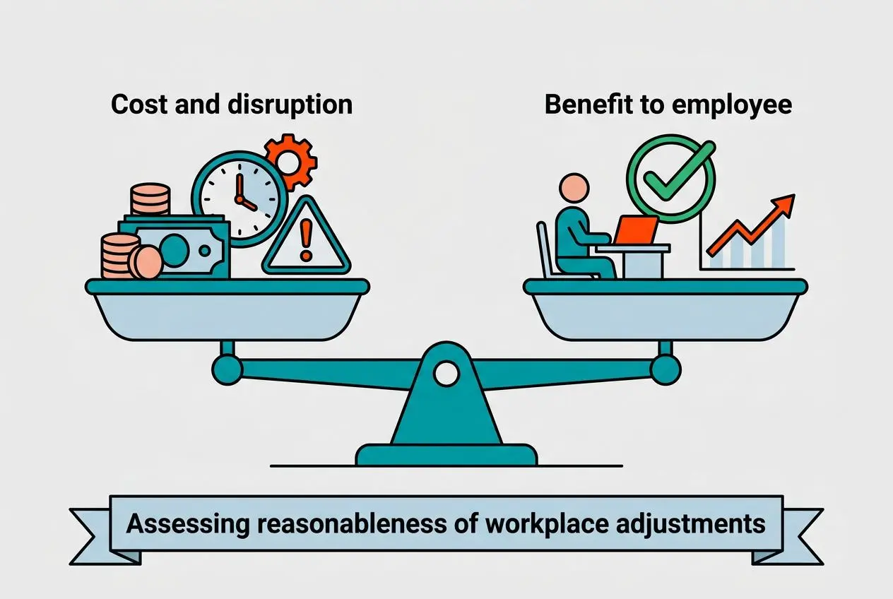 Balanced scale illustration showing cost and disruption on the left and benefit to employee on the right, with a banner reading “Assessing reasonableness of workplace adjustments”