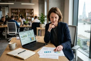Business professional reviewing charts on a laptop and documents, planning a workplace mental health strategy in a modern office.