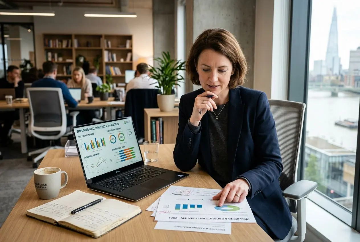 Business professional reviewing charts on a laptop and documents, planning a workplace mental health strategy in a modern office.