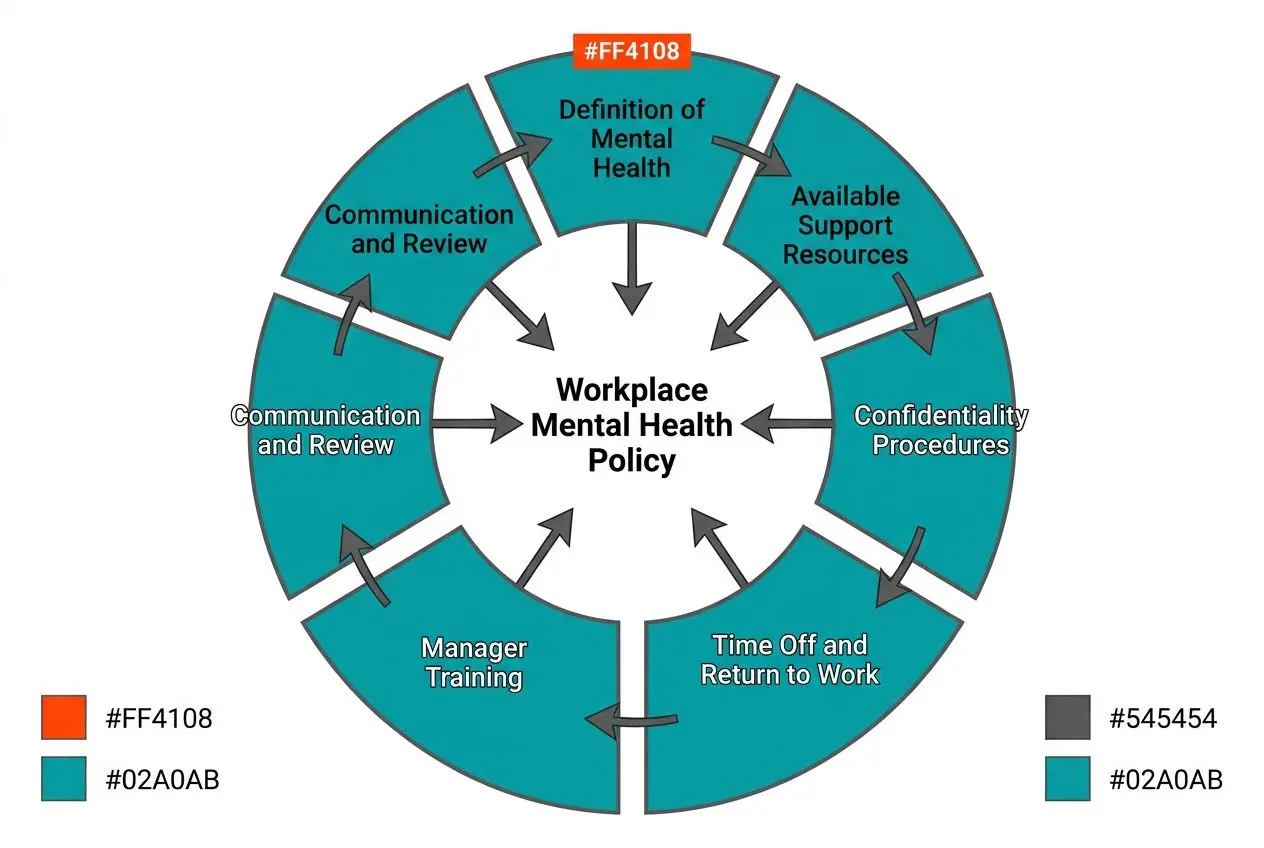 Key components of a practical workplace mental health policy.