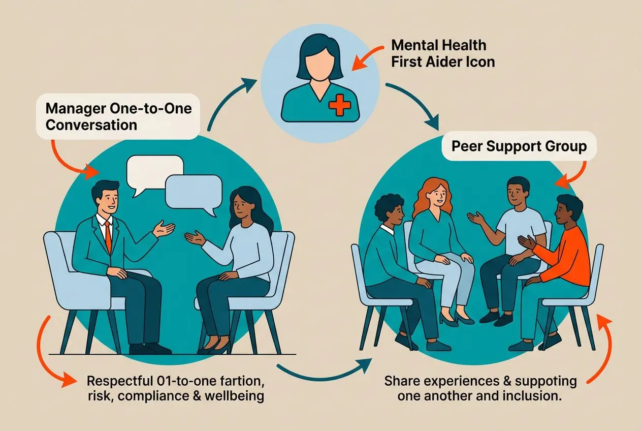 Circular infographic showing steps for mental health in the workplace: manager–employee one-to-one conversation, mental health first aid icon, peer support group, with captions about supportive dialogue, sharing experiences, and wellbeing.