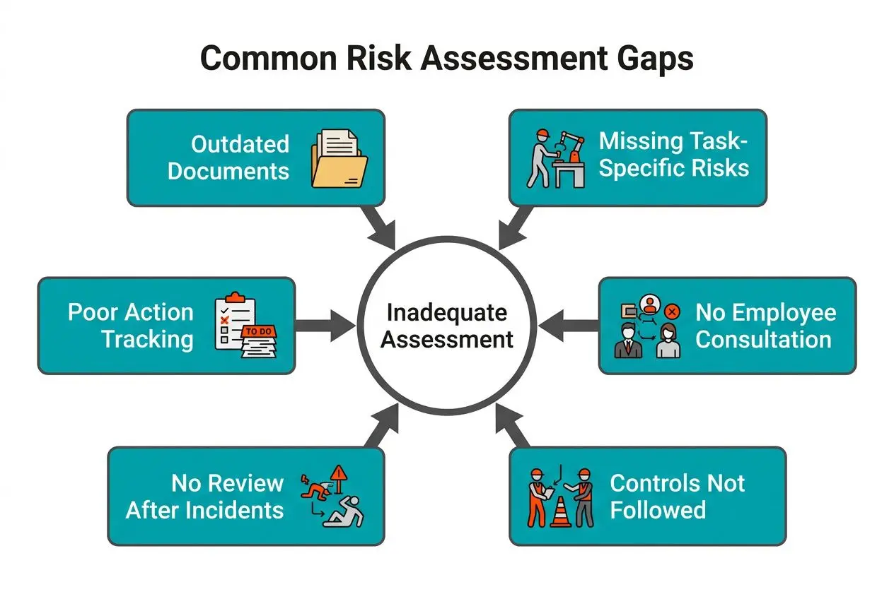 Common risk assessment gaps include outdated documents, missing task-specific risks, weak consultation and controls not followed in practice.