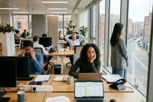 Open-plan office with stressed-looking staff at desks, laptops, and papers; a woman gazes out the window while colleagues appear overwhelmed, reflecting mental health in the workplace.