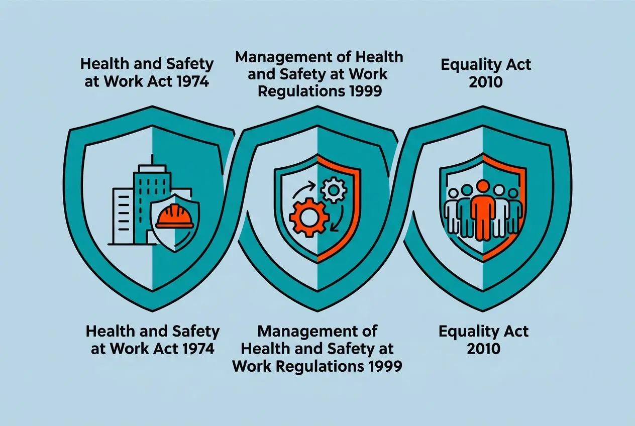 Shields representing health and safety laws: three pairs of badges with text “Health and Safety at Work Act 1974,” “Management of Health and Safety at Work Regulations 1999,” and “Equality Act 2010,” illustrating workplace safety and equality themes. Integrates mental health in the workplace naturally.