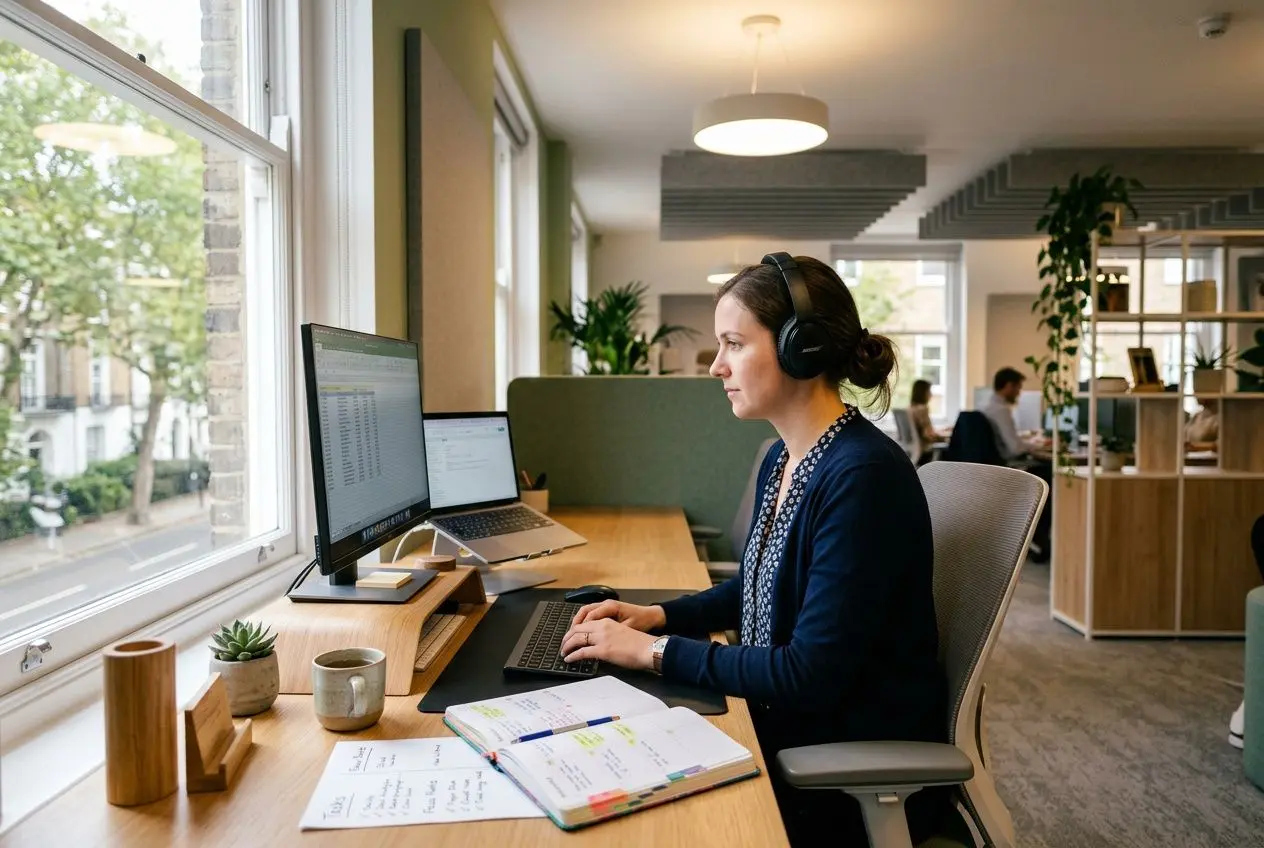 A staff member wearing headphones at a desk with dual monitors, in a bright open-plan office, working on a computer with notebooks and plants nearby. Suitable for workplace adjustments for autistic employees uk.