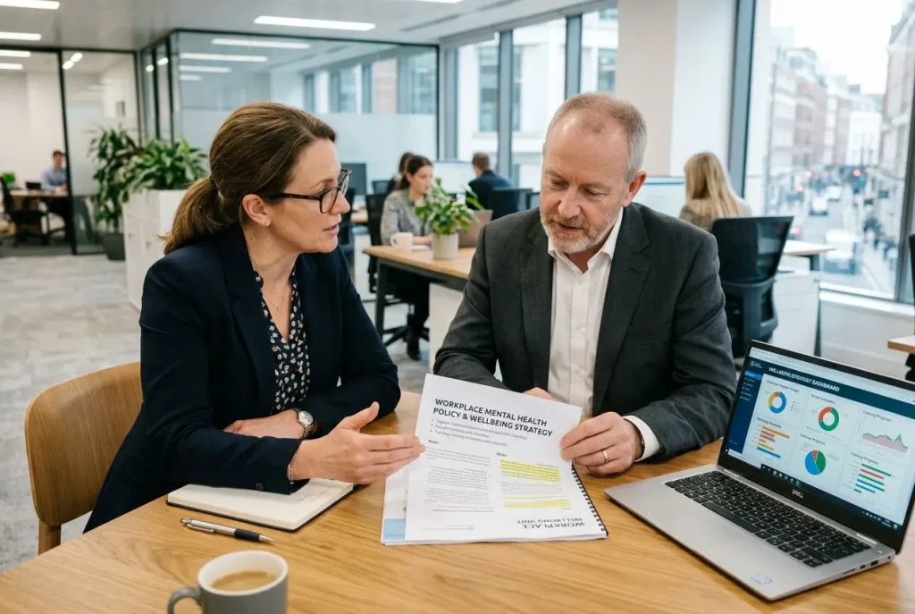 Two professionals review a printed document about workplace mental health policy at a modern office desk, with a laptop displaying charts nearby.