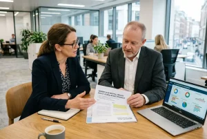 Two professionals review a printed document about workplace mental health policy at a modern office desk, with a laptop displaying charts nearby.