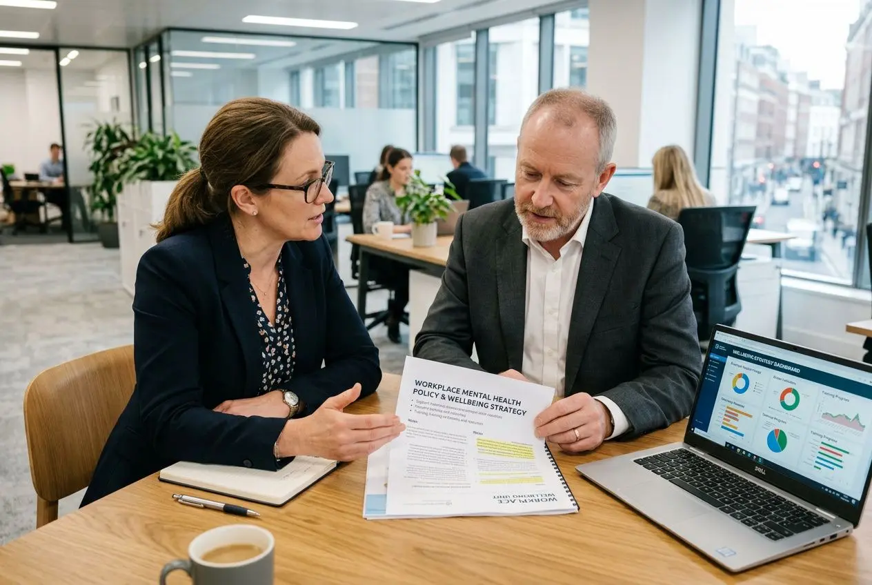 Two professionals review a printed document about workplace mental health policy at a modern office desk, with a laptop displaying charts nearby.