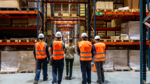 Managers and workers carrying out a workplace safety walkaround in a warehouse