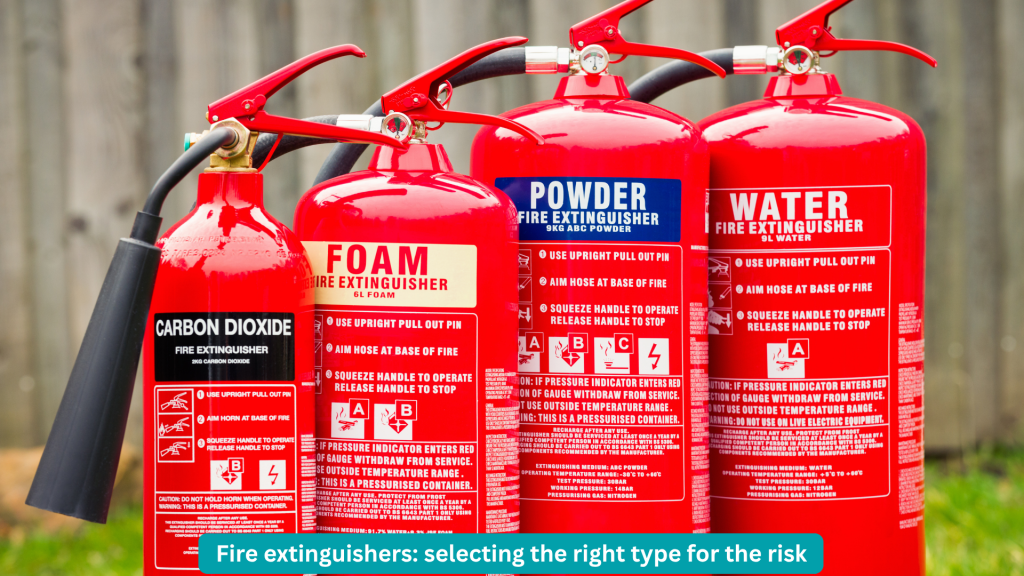 Different types of fire extinguishers including CO2, foam, powder and water units