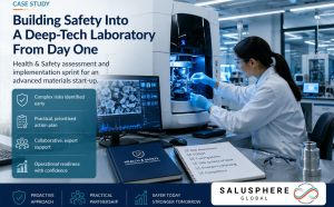 Scientist working in a modern advanced materials laboratory as part of a health and safety case study on operational readiness.