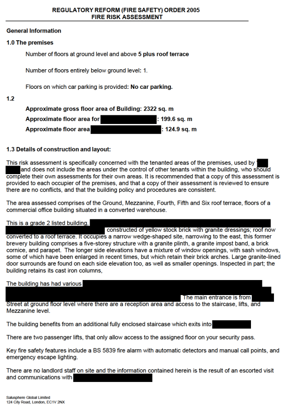 Building-specific Fire Risk Assessment example showing premises information