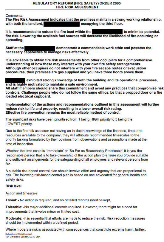 Fire Risk Assessment executive summary showing overall fire risk rating