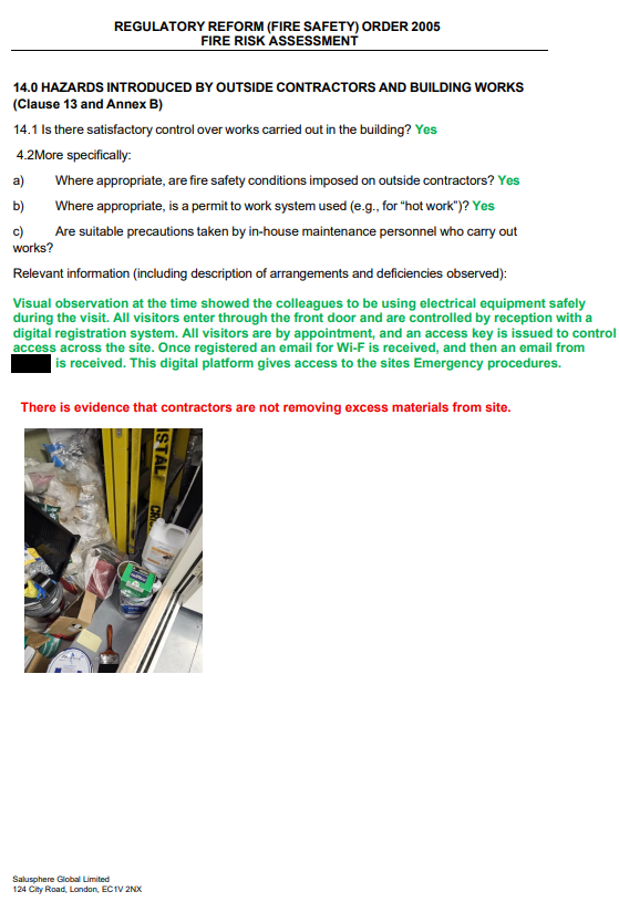 Fire Risk Assessment example showing contractor observations and photographic evidence