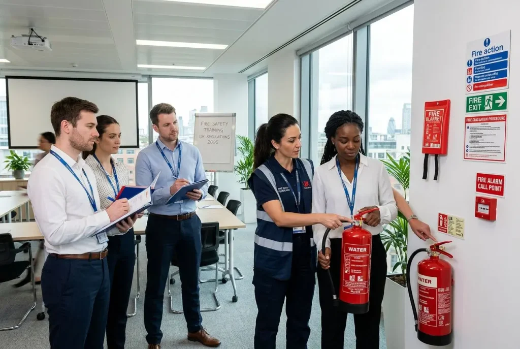 Team of colleagues in a workplace fire safety training session, practicing extinguisher use near a fire safety wall with alarms and signs. Integrates fire safety regulations uk naturally.