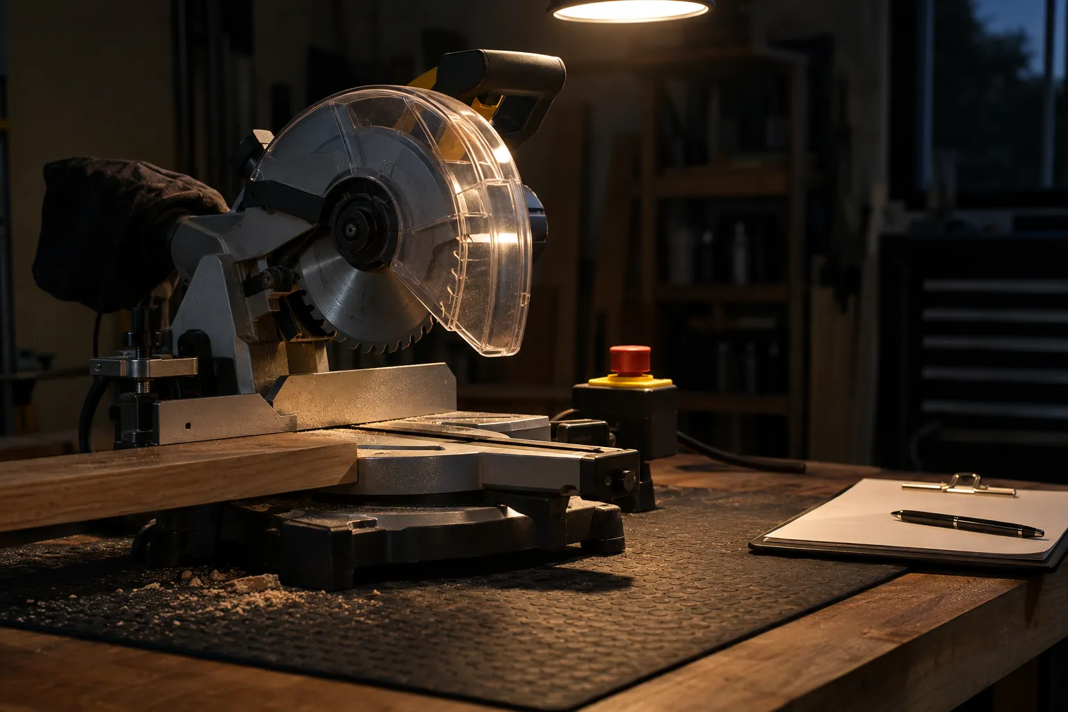 A bench saw on a worktable in a workshop with a clipboard and pen beside it.