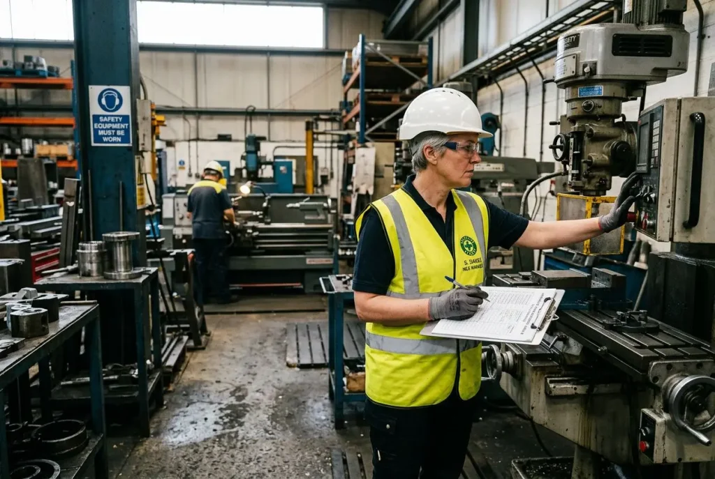 Factory worker in high‑vis vest and hard hat operating machinery, checking a control panel with a clipboard. health and safety for small businesses