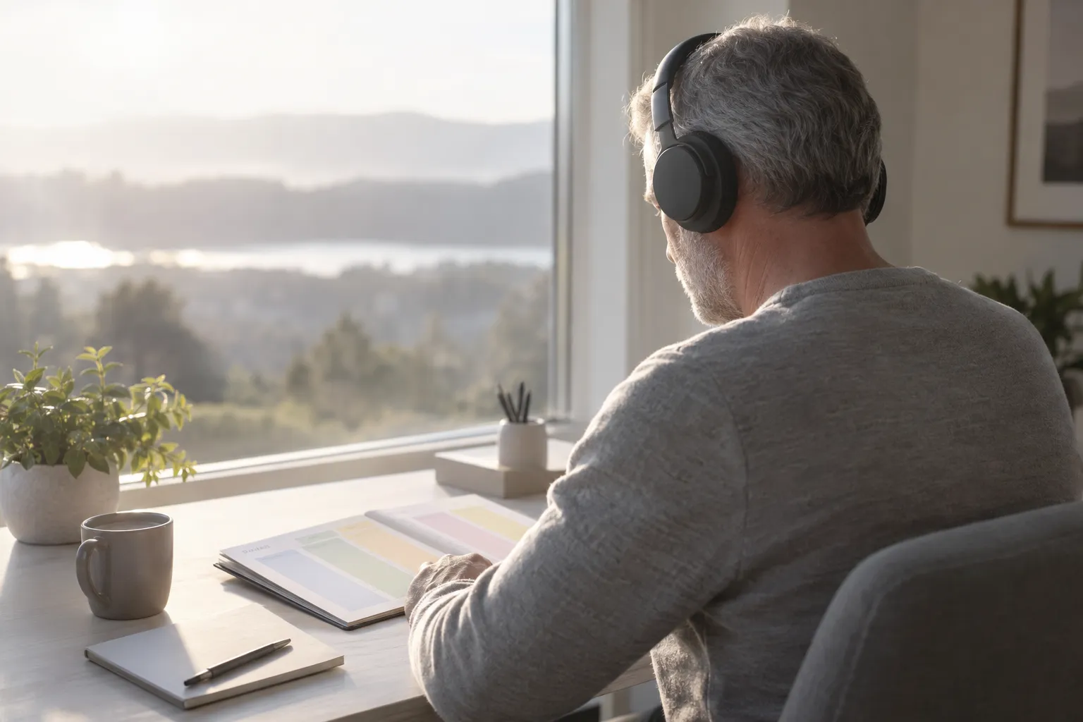 A man wearing headphones sits at a desk by a window with a view outside, looking at a notebook and tablet.