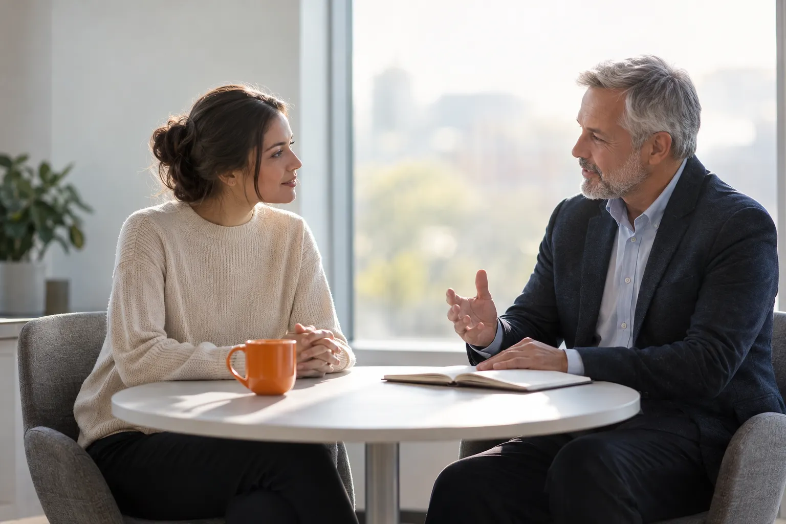 A man and a woman sit at a round table having a conversation in a bright office.