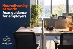 Neurodiversity at work: Acas guidance for employers, with an office workspace and Salusphere Global branding
