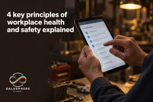 A person holds a tablet showing a checklist in a workshop setting.
