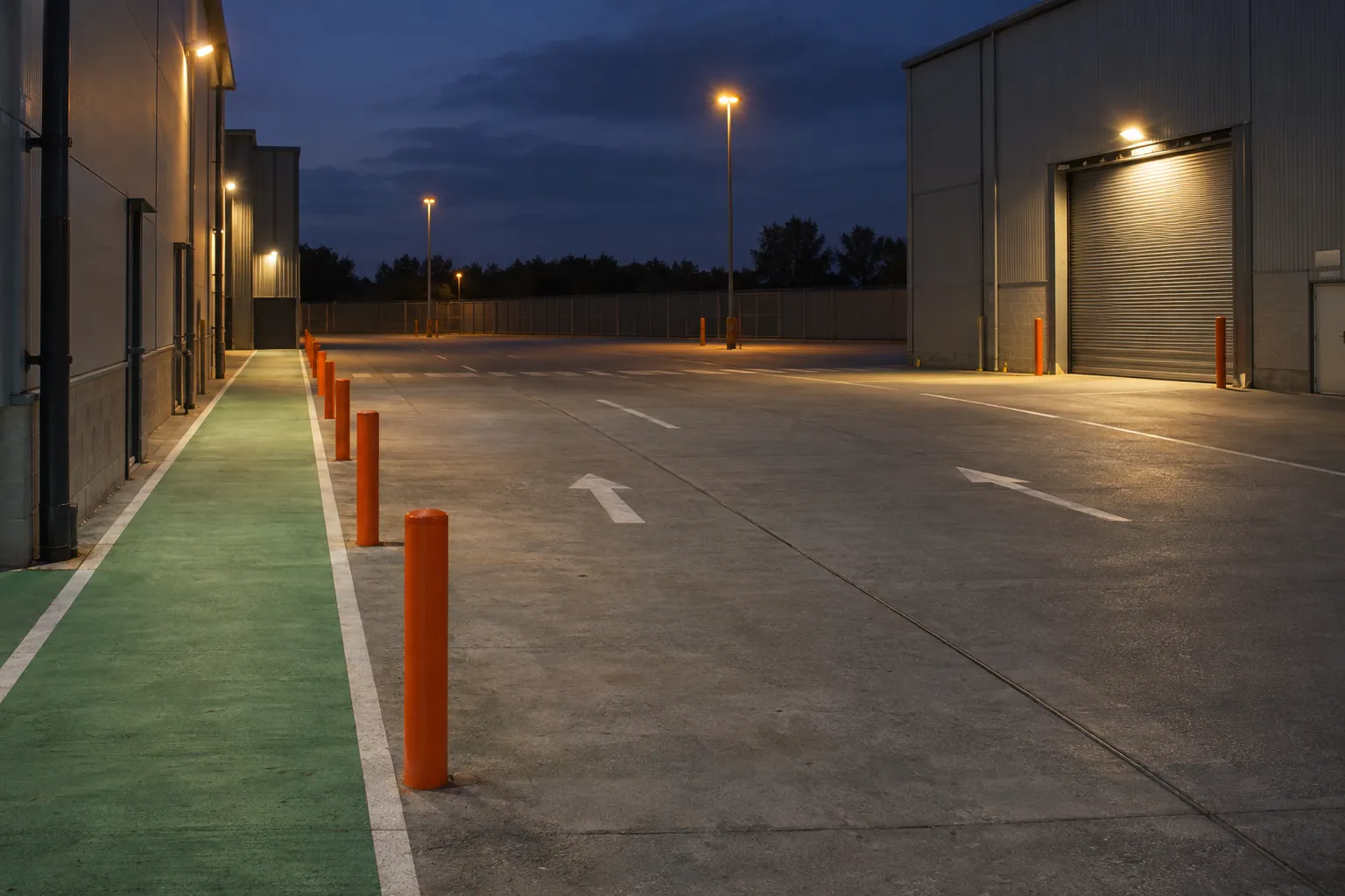 A wide outdoor loading area at dusk with orange bollards along a green pedestrian path and a large warehouse with a roll‑up