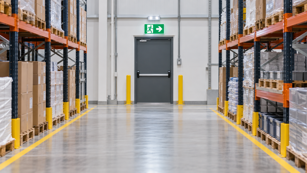 Clear warehouse escape route leading to an emergency exit with illuminated signage