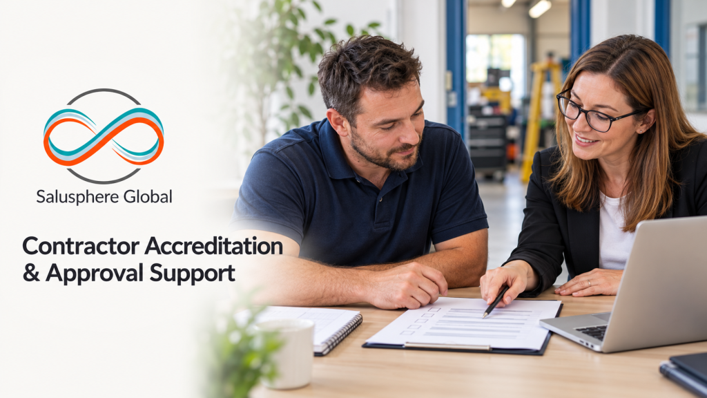 Contractor accreditation support: contractor and adviser reviewing documents, with Salusphere Global branding.