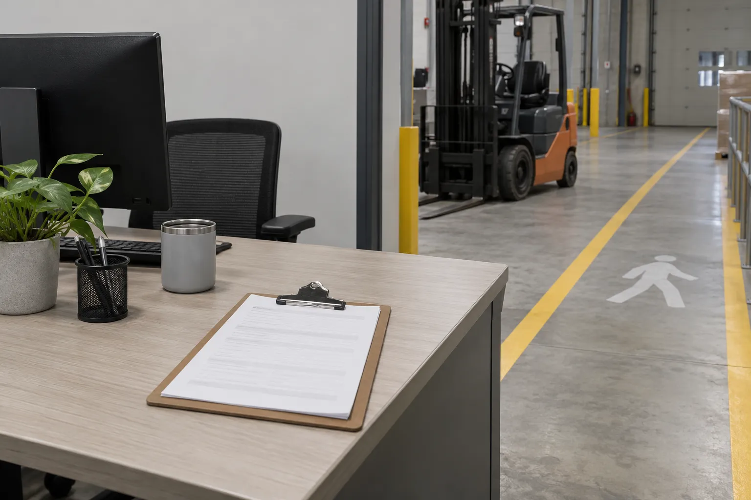 Desk with a clipboard, plant, and mug in a reception area adjacent to a warehouse floor with a forklift in the background.