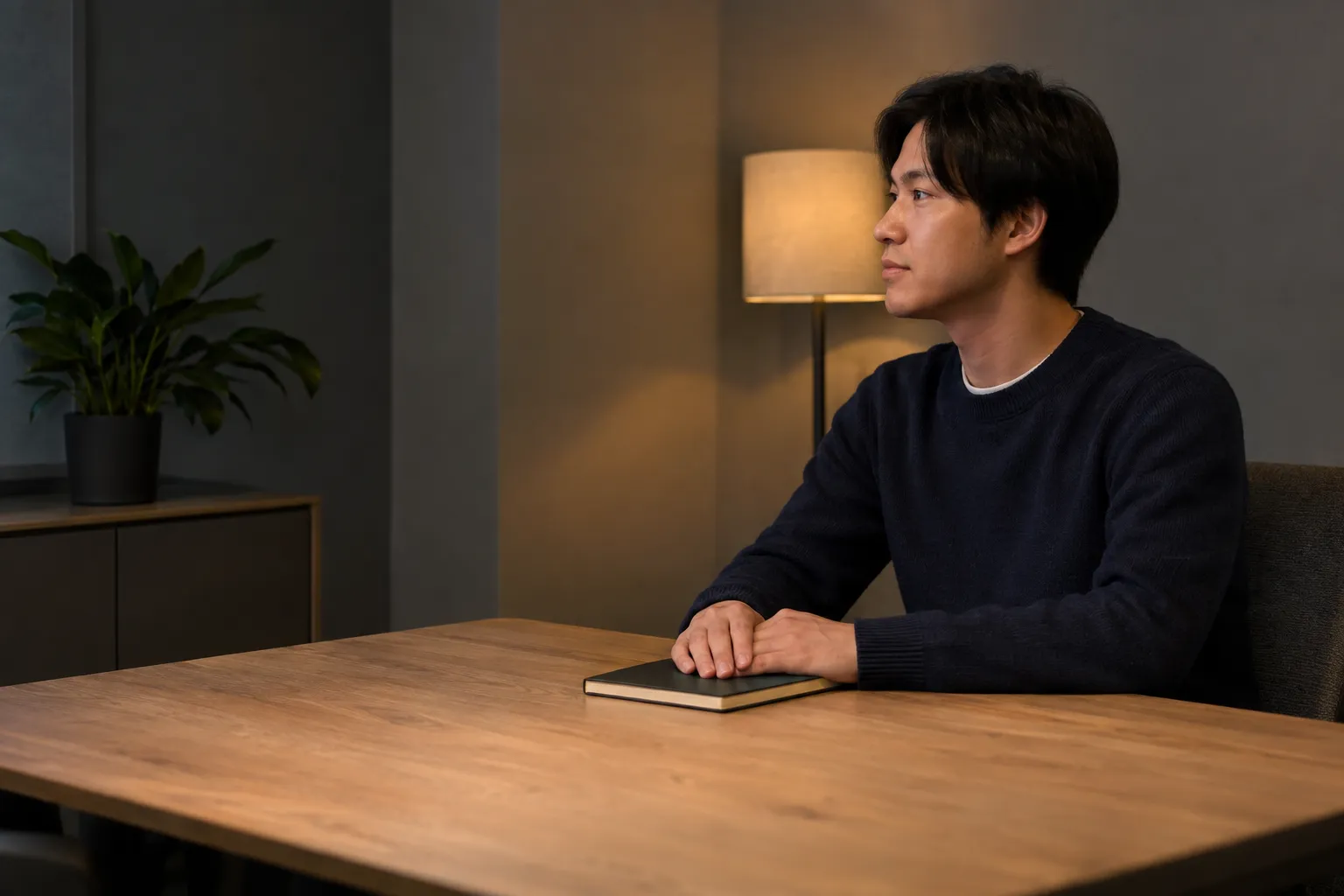A man sits at a wooden table with a notebook in front of him, looking to the side in a calm, contemplative setting.