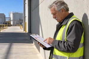 Man wearing a high-visibility vest reviewing a checklist at an industrial site