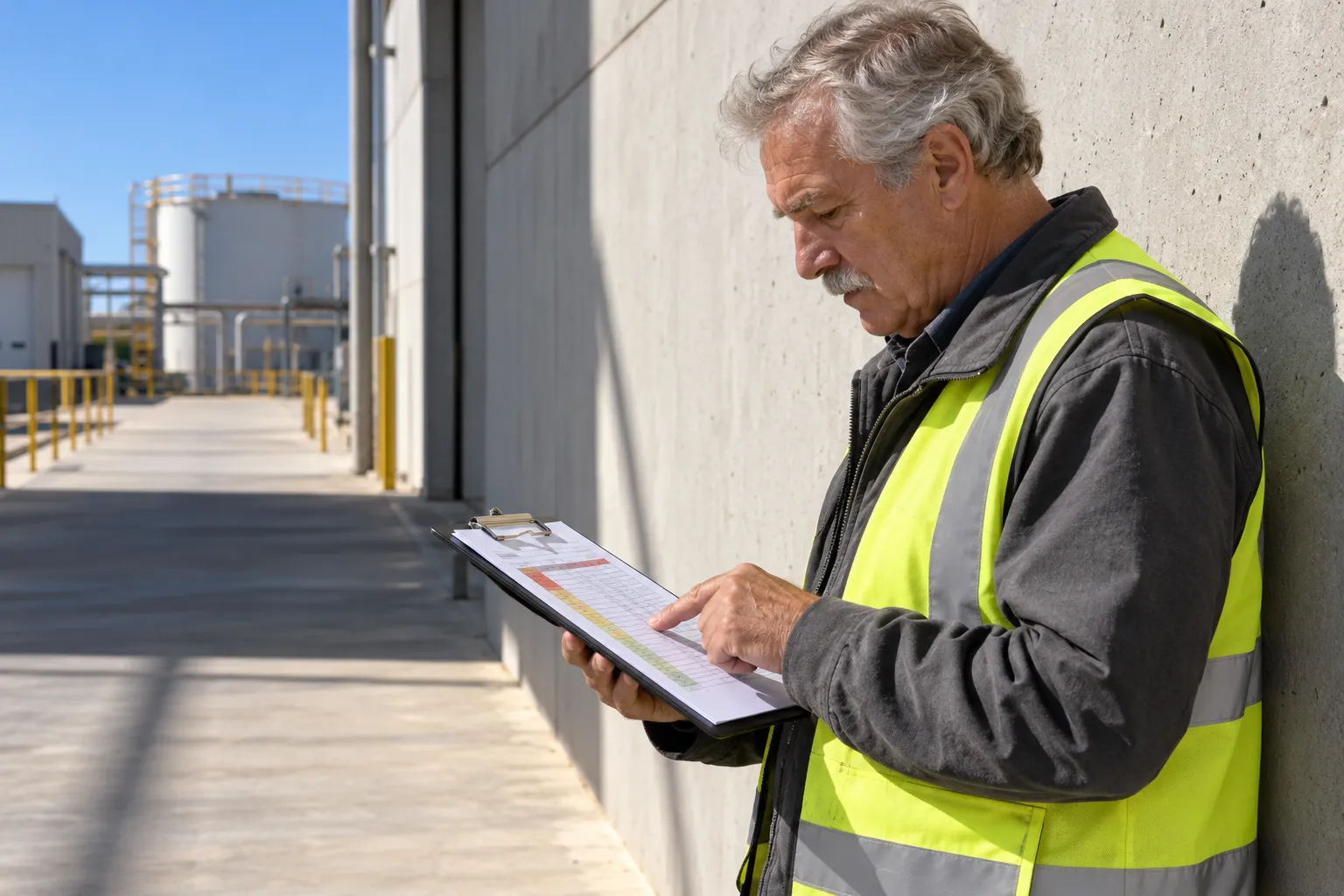 Man wearing a high-visibility vest reviewing a checklist at an industrial site