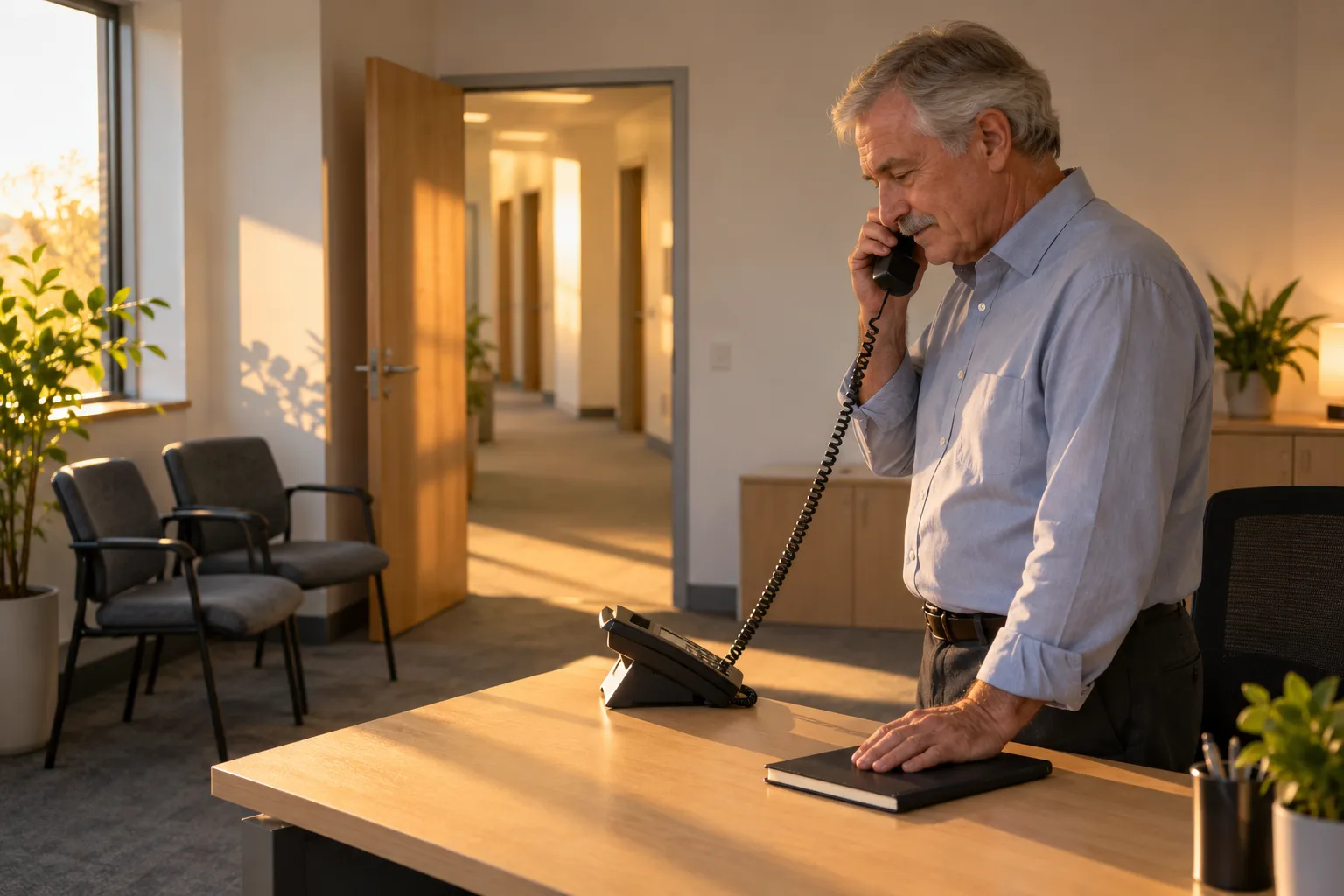 Man speaking on a telephone beside an office desk