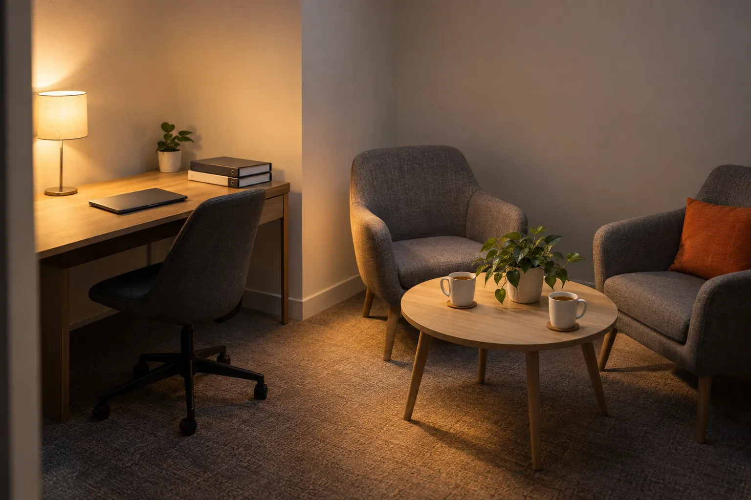 A small, cosy office corner with a desk, chair, lamp, books and a potted plant on the desk, plus a round coffee table and