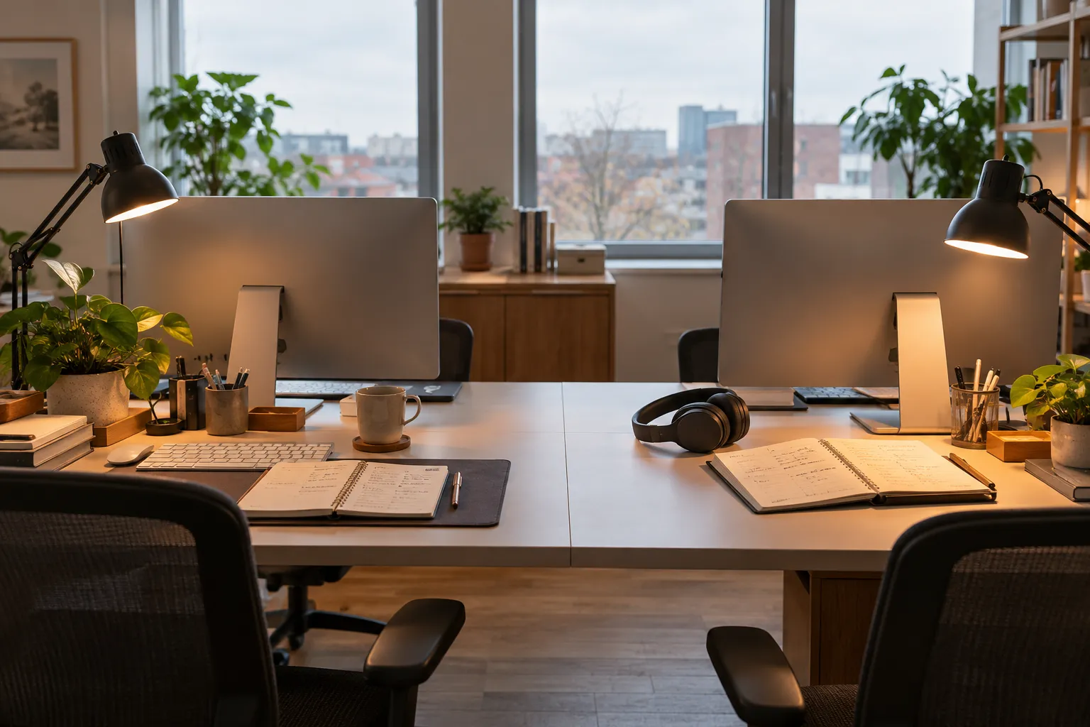 Tidy office desks with written task planners, monitors, adjustable lamps and headphones