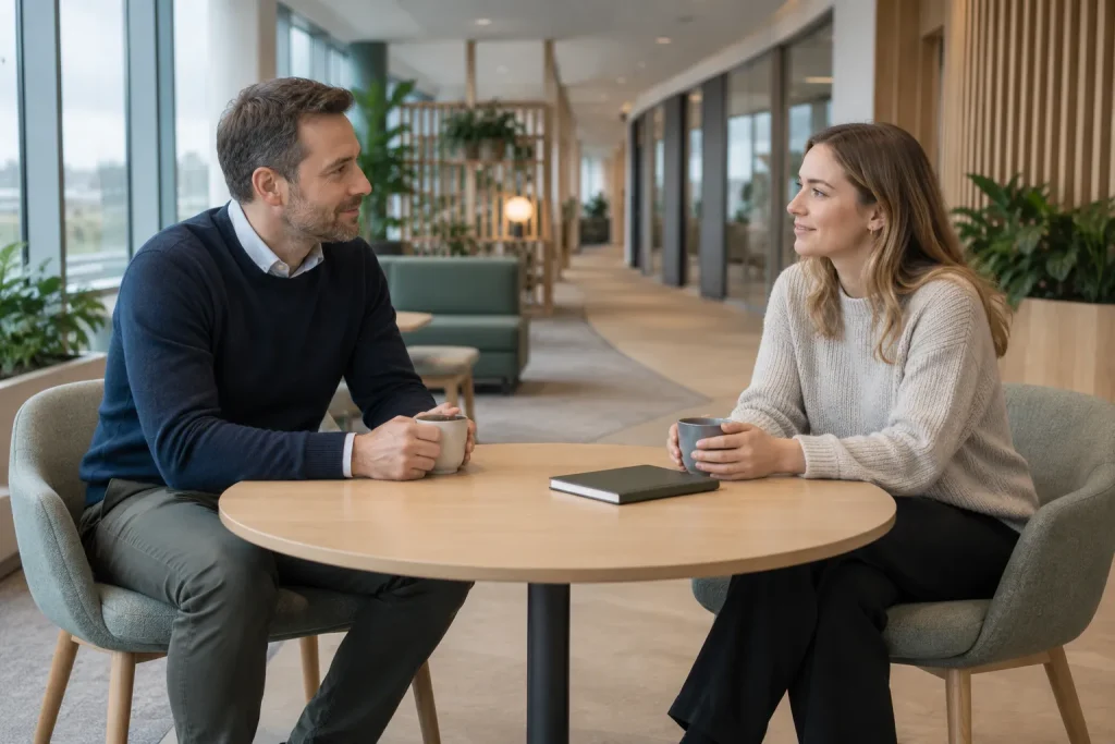 Two colleagues having a supportive workplace conversation