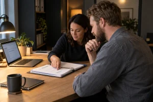 Contractor and adviser reviewing documents together at a desk.