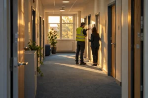 Fire safety compliance for businesses: clear warehouse escape route with illuminated exit signage.