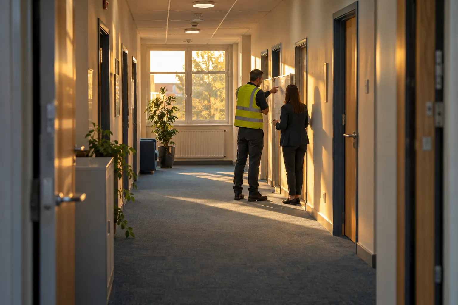 Fire safety compliance for businesses: clear warehouse escape route with illuminated exit signage.