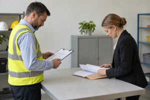 Two colleagues reviewing workplace safety documents, one wearing a high-visibility vest.
