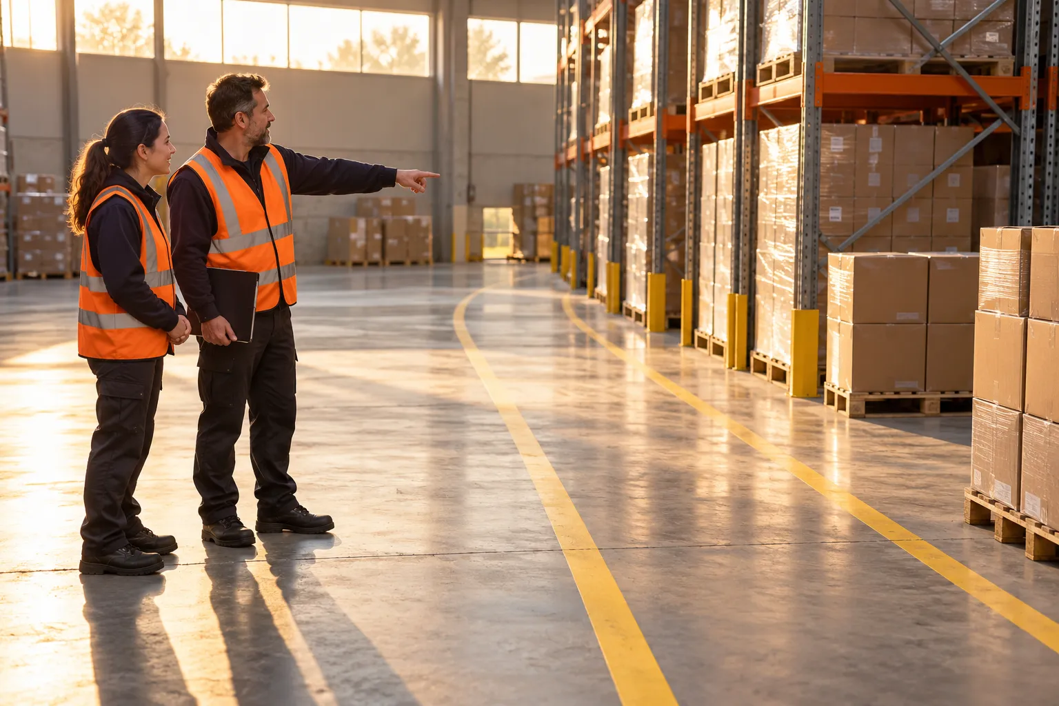 Two safety workers in high‑visibility vests stand in a warehouse and discuss while one points toward the stacked pallets.
